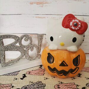 Halloween HELLO KITTY Ceramic PUMPKIN Bow/ Red Eye COOKIE JAR - NEW